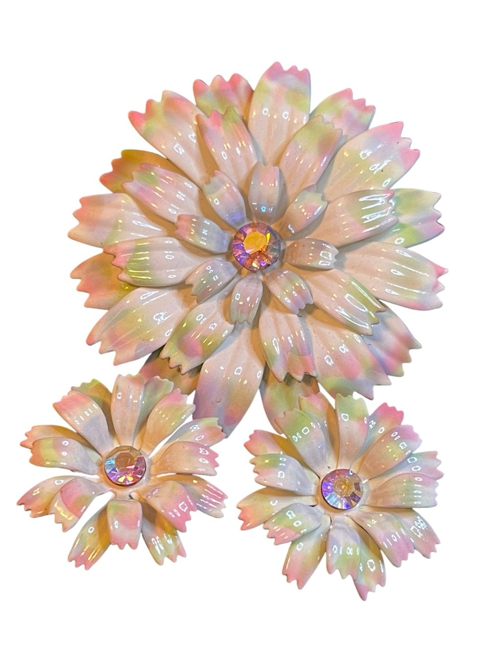 1960’s MCM Colorful Tie-Dye Metal Enamel Brooch & Clip On Earring Set